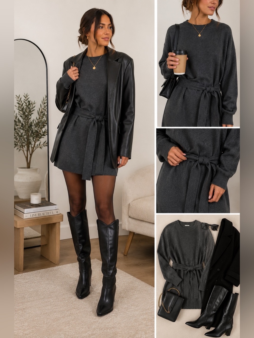 Zara Charcoal Gray Knit Belted  Sweater Long Sleeve Knit Mini Dress Size M